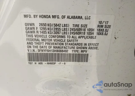 2017 Honda Pilot Lx z USA, uszkodzony, nr VIN 5FNYF6H13HB088492